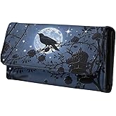 Jolamirel Moon Night Raven Slim Long Wallet for Women Black PU Leather Money Manager, Gothic Rose Thorn Zipper Billfold Wallet Clutch Organizer Credit Card Holder