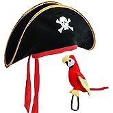 UOIENRT 2Pcs Pirate Hat with Skull Print & 10in Plush Shoulder Parrot – Costume Accessories for Halloween, Theater, and Theme Parties