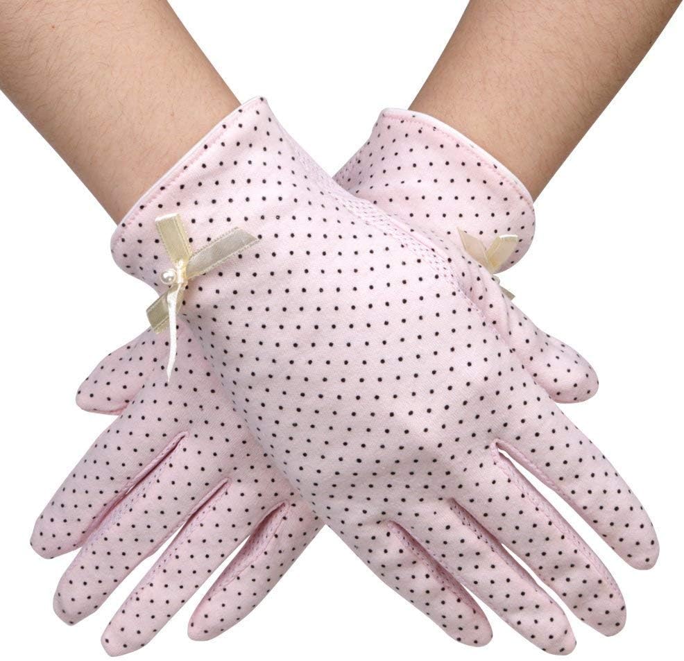 Sun Gloves UV Protection for Driving, Firm Grip Women Gloves UPF 50+ with Breathable Cotton Material and 8.7" Long for Outdoor Sports Summer Activity Evening Party - Black Dotted Pink