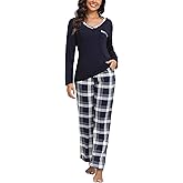Yukiuiny Womens long Sleeve Pajamas Sets 2 Piece Tops and Plaid Pants PJ Set Loungewear Sleepwear with Pockets