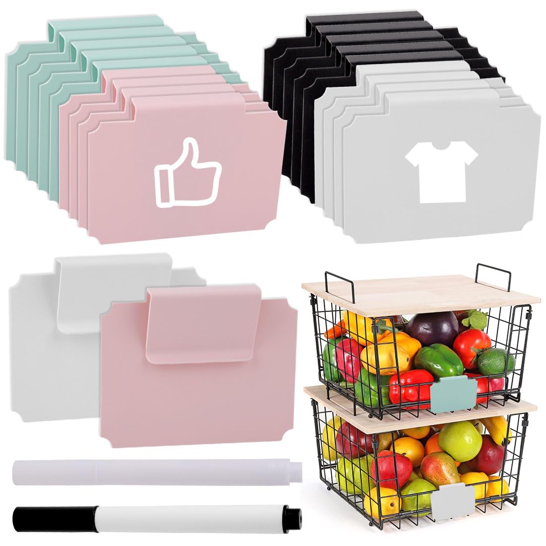 Voyyphixa 20 PCS Labels for Storage Boxes Chalkboard Labels Basket Labels with 2 Pcs Marker Pen Removable Clip Label Holder for Storage Bins Shelf Organization Box Pantry Labels Clip on (Style B)