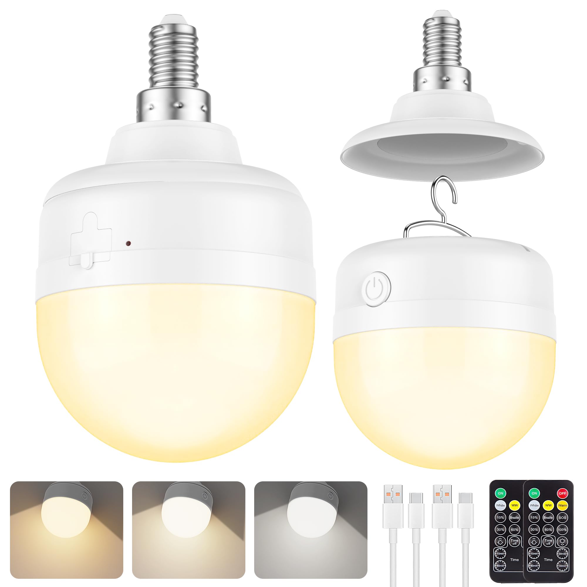 Photo 1 of 2Packs E12 Rechargeable Magnetic Light Bulbs with Remote and Hook, 10W 900LM Battery operated Emergency LED Bulb 3500mAh, Portable Large Camping Tent Lamp for Home, Hurricane, Power Outage & Outdoor