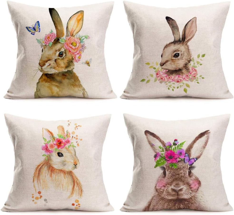KROWMAET Lovely Rabbit with Floral Butterfly Country Pillow Cases Set of 4 Home Decorative Soft Bed Cotton Pillow Covers Cute Animals Cushion Case Cover (Two Sided)