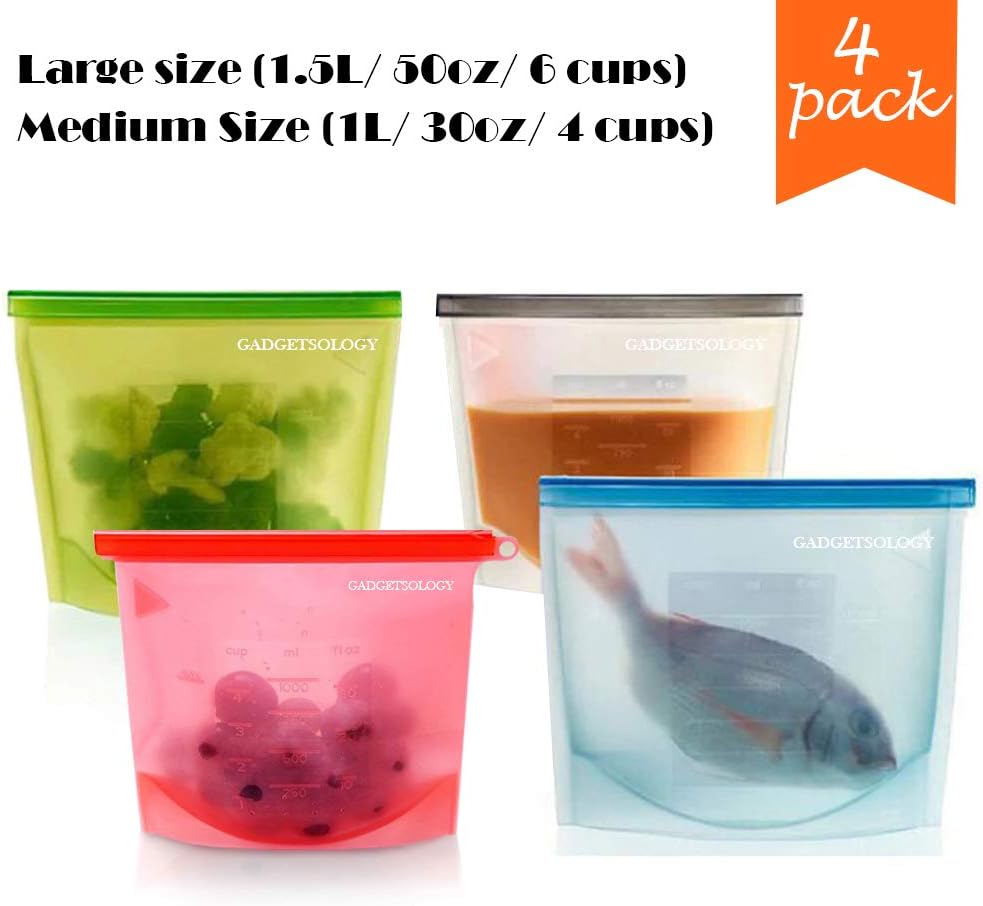 Gadgetsology Reusable Silicone Food Bags | Eco-Friendly Meal Stasher, Airtight, Leakproof, Ziplock Seal for Hot or Cold Food Storage | Washable, FDA Approved No BPA Container (4, 1 Medium + 3 Large)