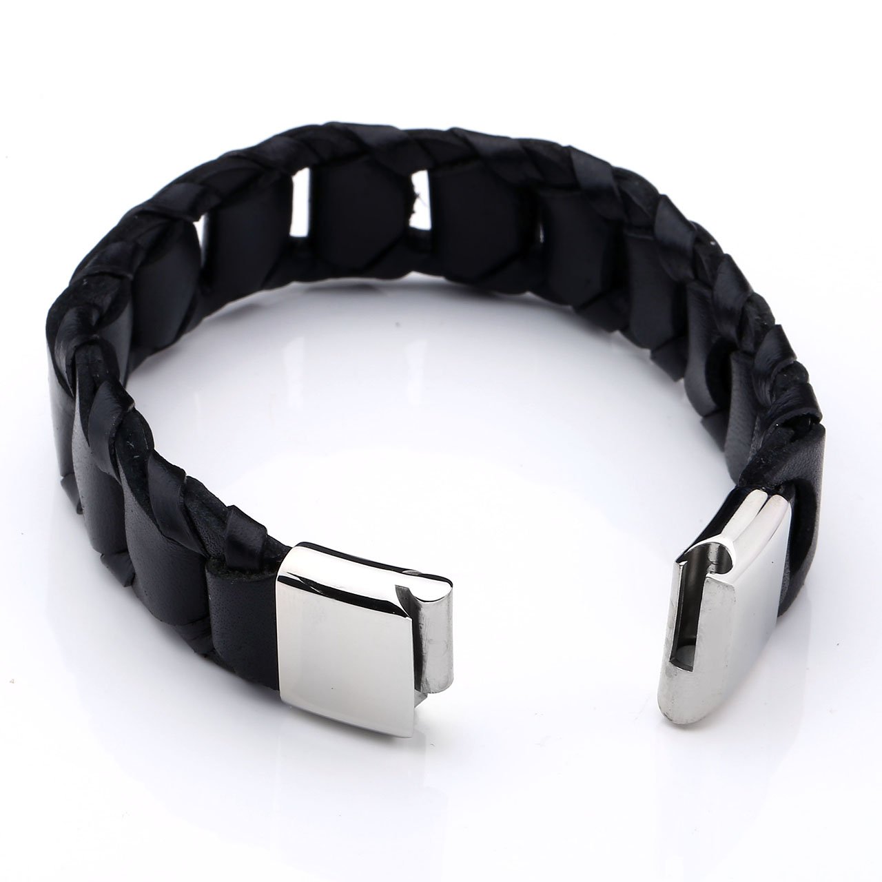 PiercingJ - Bijoux Bracelet Leather Cuir Veritable Large Tresse Coupe Croise avec Fermoir Acier Inoxydable Lien Poignet Manchette Biker Motard Chaine de Main Femme Homme - Noir