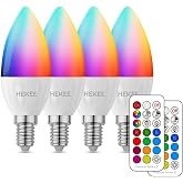 HEKEE E12 Candelabra Light Bulbs, 120V Color Changing Bulb with Remote, Plug-in Only, E12 Base, 12 RGB+2700K Warm White, 40W Equiv (5W), 450LM, Timer, 2 Modes, for Chandelier/Ceiling Fan, 4 Pack