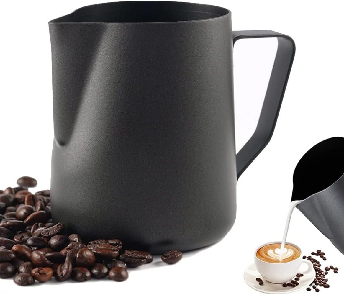 LATRAT Coffee Barista Milk Jug Stainless Steel, Perfect for Making Milk Frothing Universal Jug, Milk Frothing for Cappuccino and Latte, Black, 350 ml