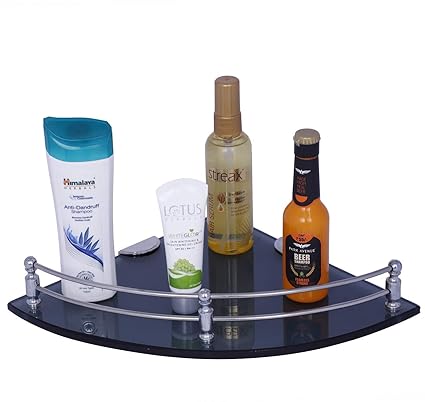 Primax Multi-Purpose Glass Corner Shelf - 12 x 12 Inches -with Nano Wall Brackets (Black)