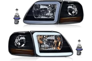 G-PLUS LED Headlights Corner Parking Lights Fit 1997-2002 Ford Expedition/Fit 1998-2003 F150/Fit 1997-1999 F250 Smoke Lens Black Housing Amber Reflector HeadlampsBumper Headlamps,faros delanteros