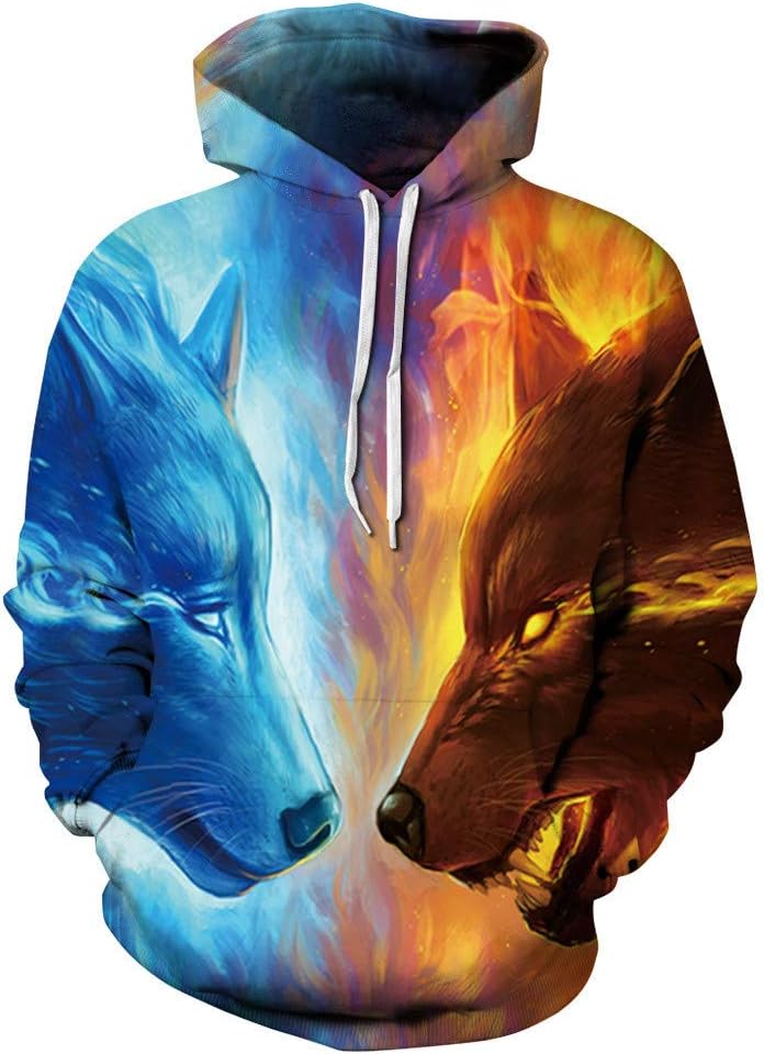 Morton PegfwaS Ice Fire Wolf 3D Printed Hooded Sweater, Loose Couple Baseball Sportswear Top