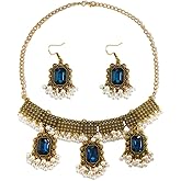 Vintage Indian Jewelry Sets for Women Wedding Bridal Antique Oxidized Ethnic Party Prom Wear Statement Bollywood Choker Necklace Blue Gemstone Dangle Drop Earring Traditional Bohemian Jewellery Diwali
