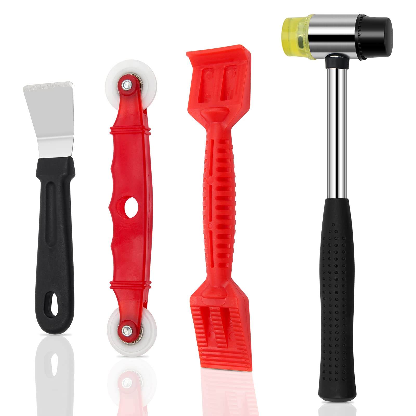 Coolrunner Window Glazing Tool Kit, 4PCS Heavy-Duty Glazing Tools, Multi-Functions Alloy Hammer, Red Window Roller, Plastic Shovel For Windows, Doors Hand Tool Sets