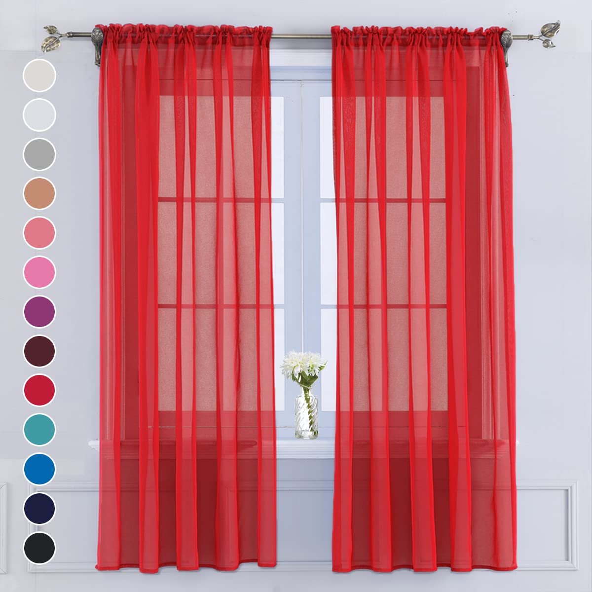 Yancorp Red Sheer Curtains 1 Pair Set Semi Sheer for Bedroom 2 Panels Drapes Solid Textured Linen Curtain 45 Inches Length (Red,W35 X L45)