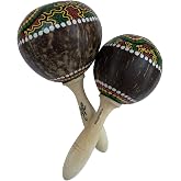 Large Coconut Maracas Shaker Pair - Authentic World Percussion Instrument - Hand-Painted Design, Stained Handle, Filled with Pebbles and Beads by World Percussion USA