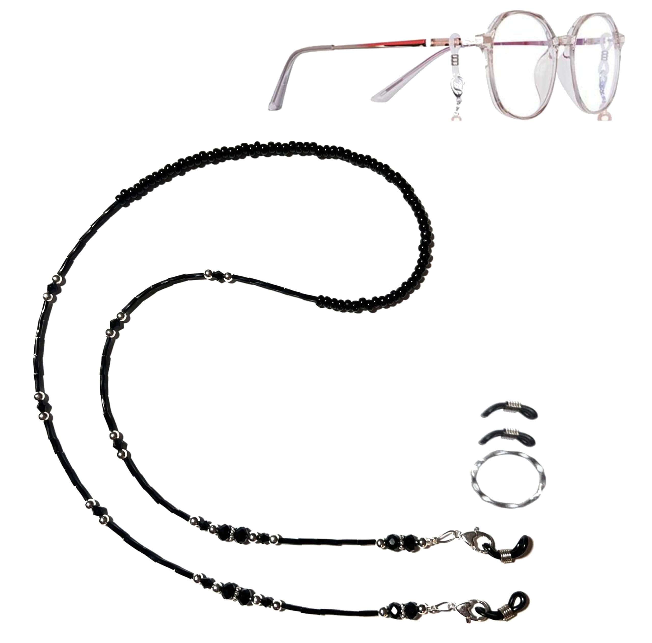 Crystal OR Black & Silver beaded Eyeglass Holder 28 on 19 strand wire, Eyeglass chain, leash (Black & Silver) by Hidden Hollow Beads