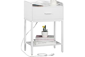 YAHARBO White Nightstand with Charging Station, Small Bedside Tables with USB Ports and Power Outlets, Modern End Table with Drawer, Night Stand for Bedrooms, Offices, Small Spaces