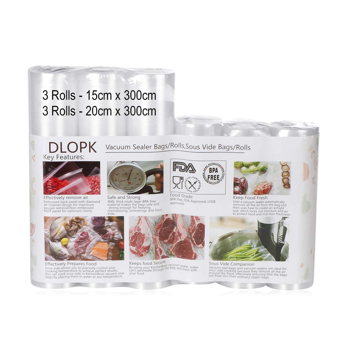 Vacuum Sealer Bags, DLOPK 6 Pack 15x300cm and 20x300cm Food Bags for Vacuum Sealer Sous Vide Machine Vacuum Sealer Rolls for Food Saver, Freezer Bags