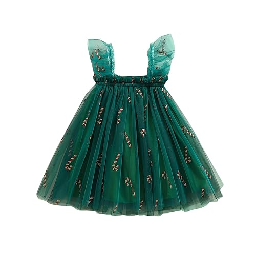 LYSINK Toddler Girl Christmas Dress Square Neck Sleeveless Layered Tulle Dress Christmas Print Outfit Baby Girl Princess Dresses (Ba Green, 18-24 Months)