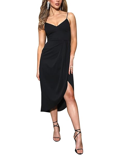 SPRIME WOMEN’S COCKTAIL WRAP DRESS SLEEVELESS V NECK FORMAL MIDI DRESSES IRREGULAR TULIP HEM SUMMER SEXY DRESS FOR WOMEN BLACK
