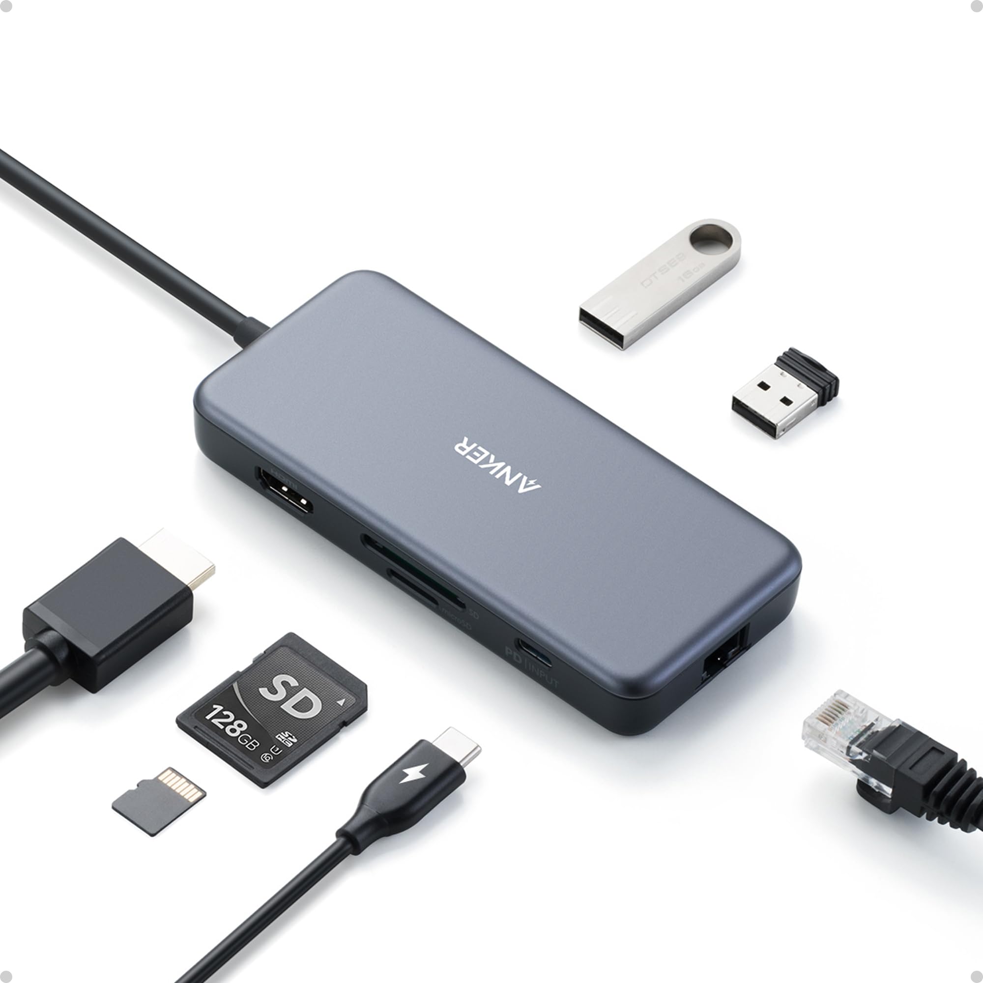 Anker USB C Hub, adaptador USB C 7 en 1, con HDMI 4K, suministro de energía de 60 W, Ethernet de 1 Gbps, 2 puertos 3.0, lectores de tarjetas SD y microSD, para MacBook Pro y otras computadoras portátiles