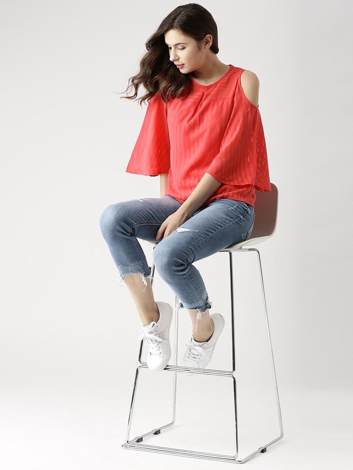 marie claire women red self-striped top (mc10270d)