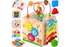 BATLOFTY 8-in-1 Wooden Baby Activity Cube - Xylophone, Shape Sorter, Abacus| 1st Birthday Gift Toys for One 1 2 3 Year Old Boy Girl | Montessori Educational Learning Toddler Toy| Bonus Sorting & Stacking Board