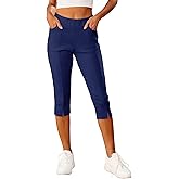 GRAPENT Capri Pants for Women High Waisted Pull On Elastic Waist Dressy Casual Stretchy Capris Trousers Pants Pockets
