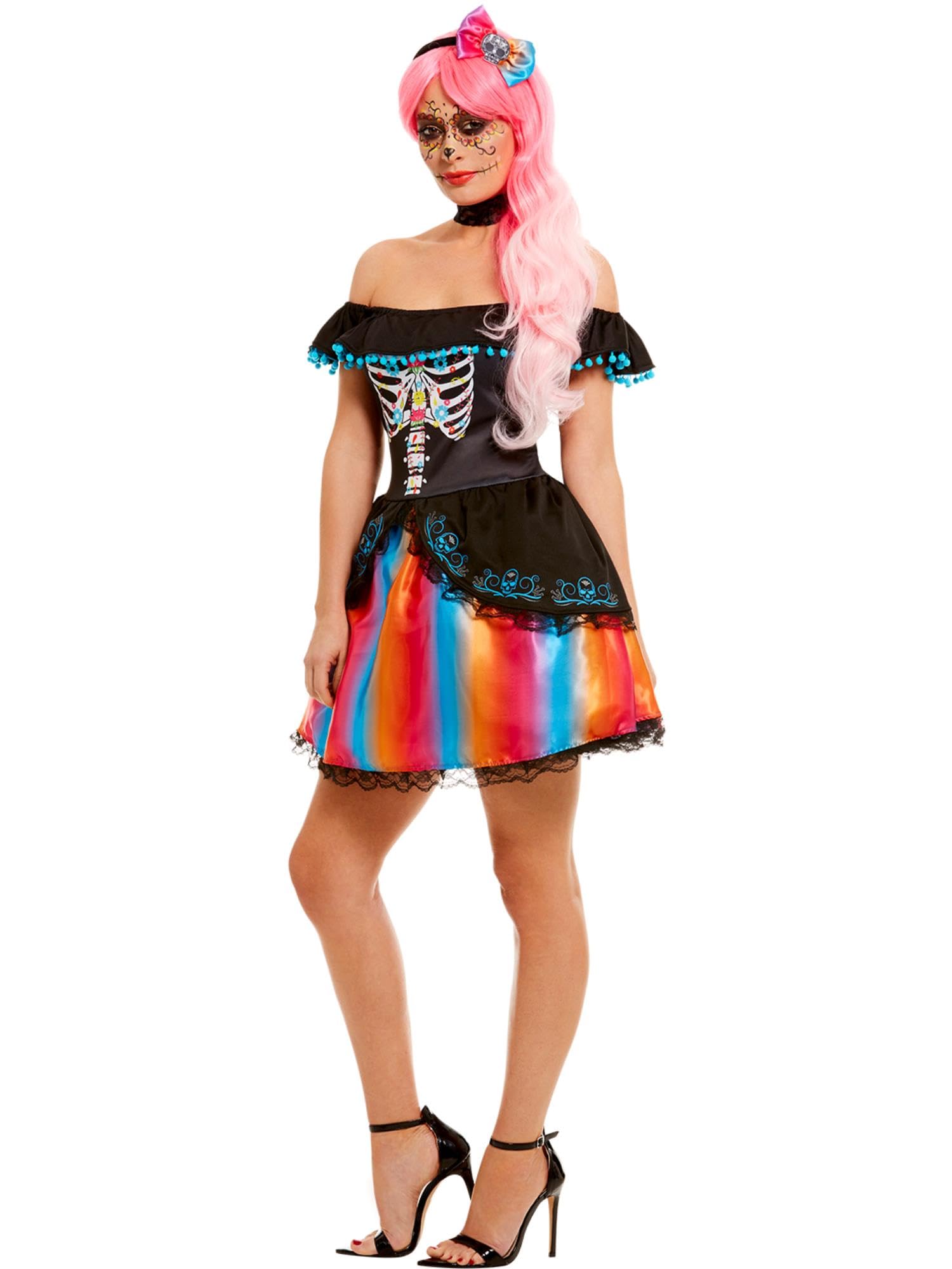 Smiffys Day of the Dead Senorita Ombre Costume, Black with Dress, Choker & Headband, Mexican Day of The Dead/Sugar Fancy Dress, Adult Dress Up Costumes