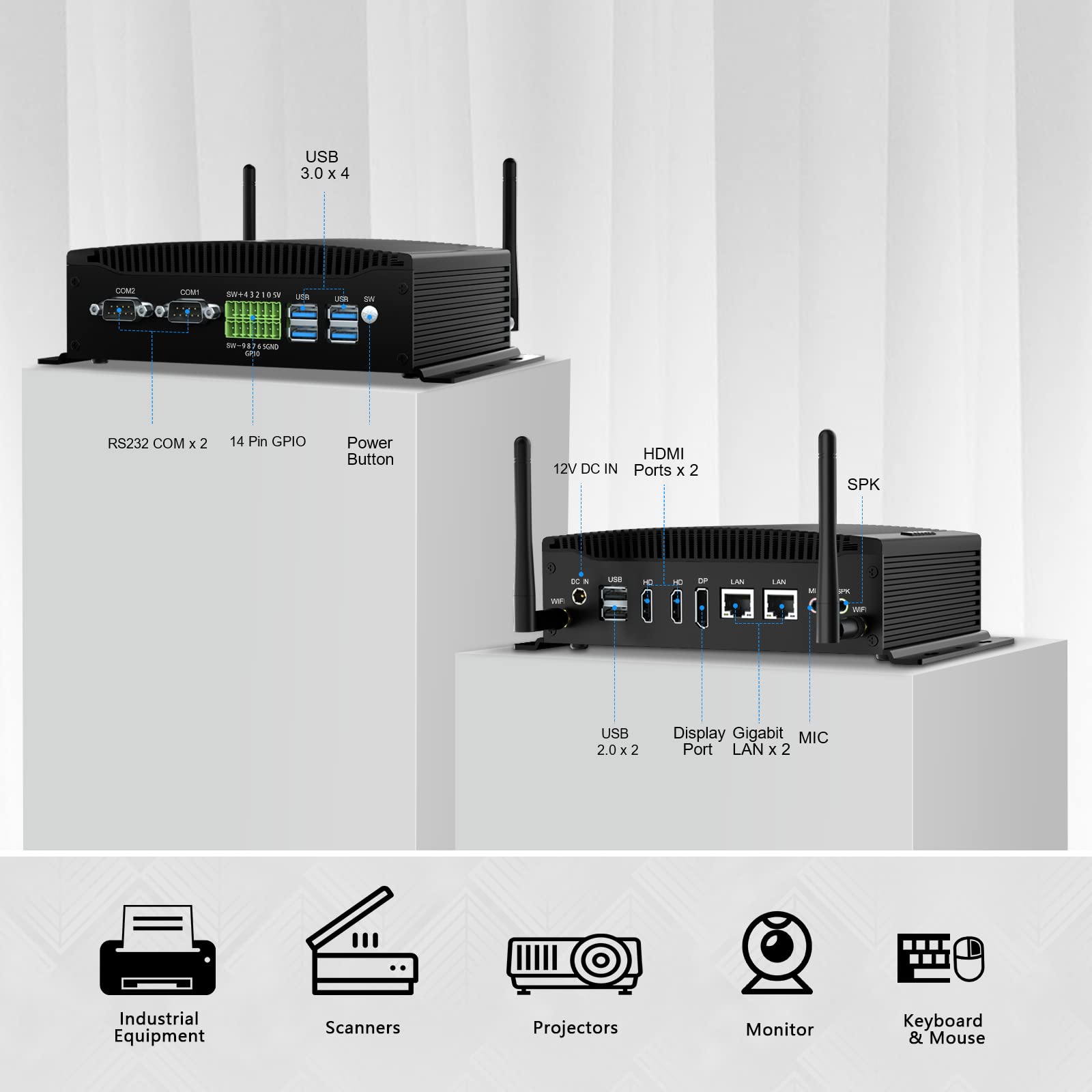 Industrial PC Dual Ethernet RS232 I5 8260U Fanless Mini Desktop PC 8GB RAM 128GB SSD 2HD DP 4K Triple Display Dual Band WiFi BT4.2, Windows 11 Pro Mini Computer, GPIO Industrial Mini - View #5