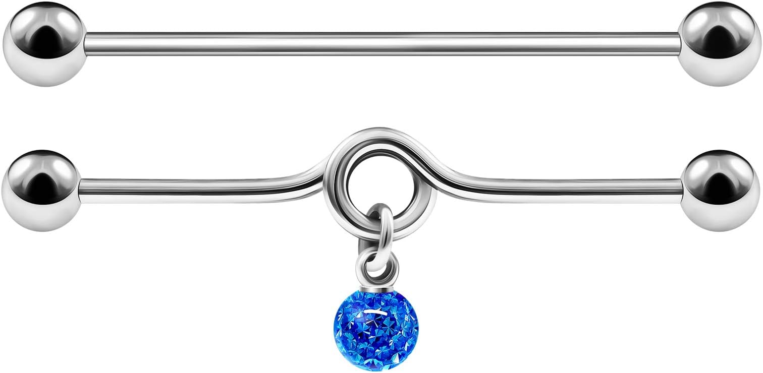 BIG GAUGES Pair of 316L Surgical Steel 14gauges 1.6 mm Industrial 1 1/2"(38mm) Dangling Barbell 5mm Crystal ferido Scaffold Bar Piercing