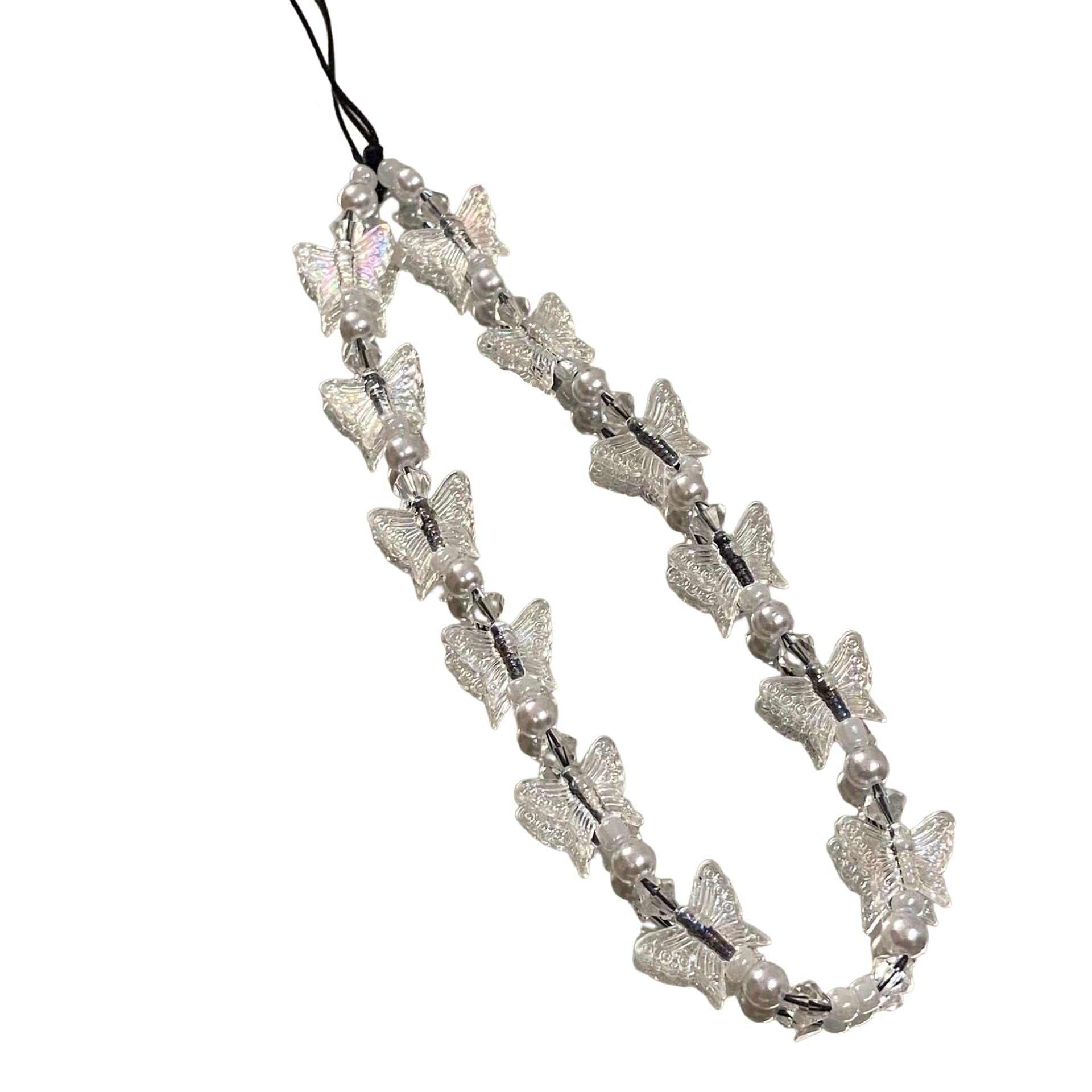 Butterfly Beaded Phone Lanyard Strap Charms Handmade Y2K Colorful Beaded Butterfly Charm for Women Girls Anti-Lost Phone Chain Keychain Gifts-White