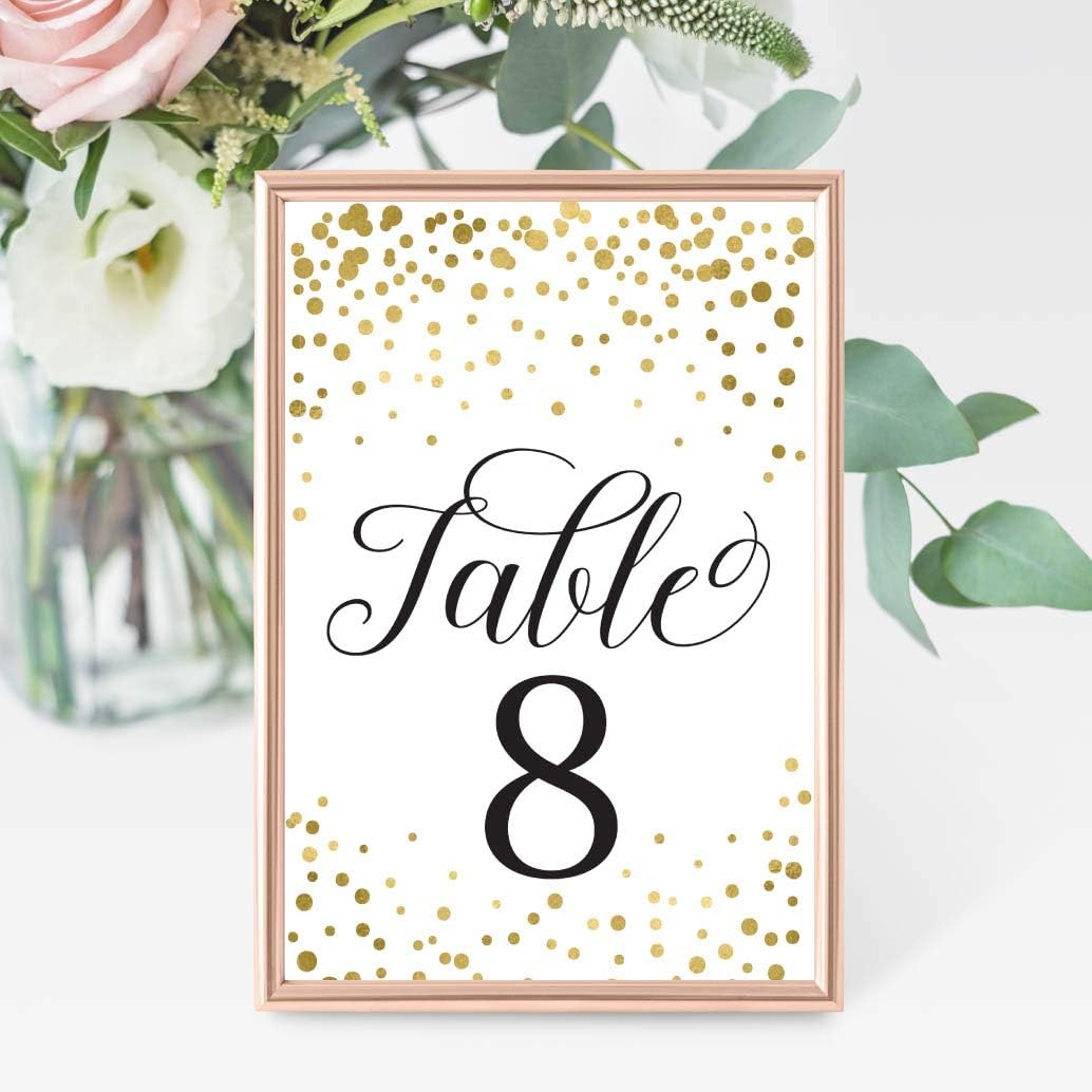 1-25 Gold Glitter Table Number Double Sided Signs for Wedding Reception, Restaurant, Birthday Event, Calligraphy Printed Numbered Card Set Centerpiece Decoration Setting Reusable Frame Stand 4x6 Size: Home & Kitchen