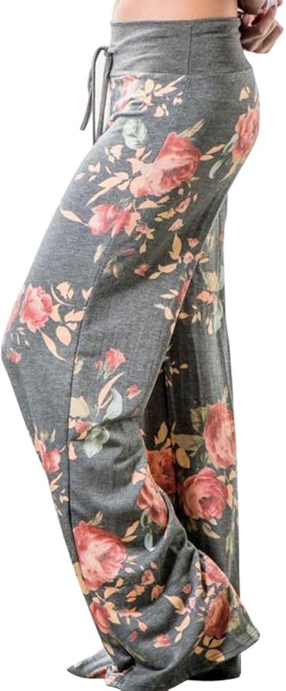 AMiERY Women's Comfy Casual Pajama Pants Floral Print Drawstring Palazzo Lounge Pants Wide Leg at  Women’s Clothing store