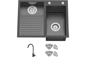 FAUENPEEY Black Stainless Steel Laundry Sink With Washboard-23.6 x 18.9 Inch Laundry Drop In Double Bowl Topmount Sink Come With Faucet And Drain Assembly Dedicate Washboard Zone Add Convenience To Laundry Room