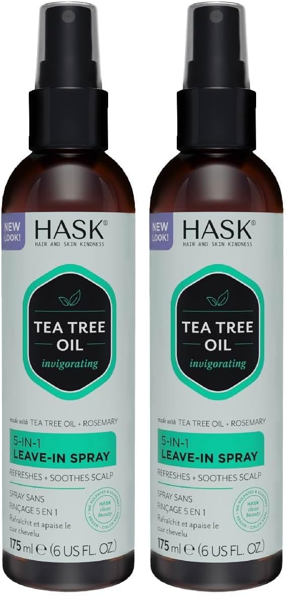 HASK Tea Tree Oil 5-in-1 Leave-In Conditioner, Soothing and Restoring for All Hair Types, colour safe, gluten-free, sulfate-free, paraben-free - 1 175mL Bottle (Pack of 2)