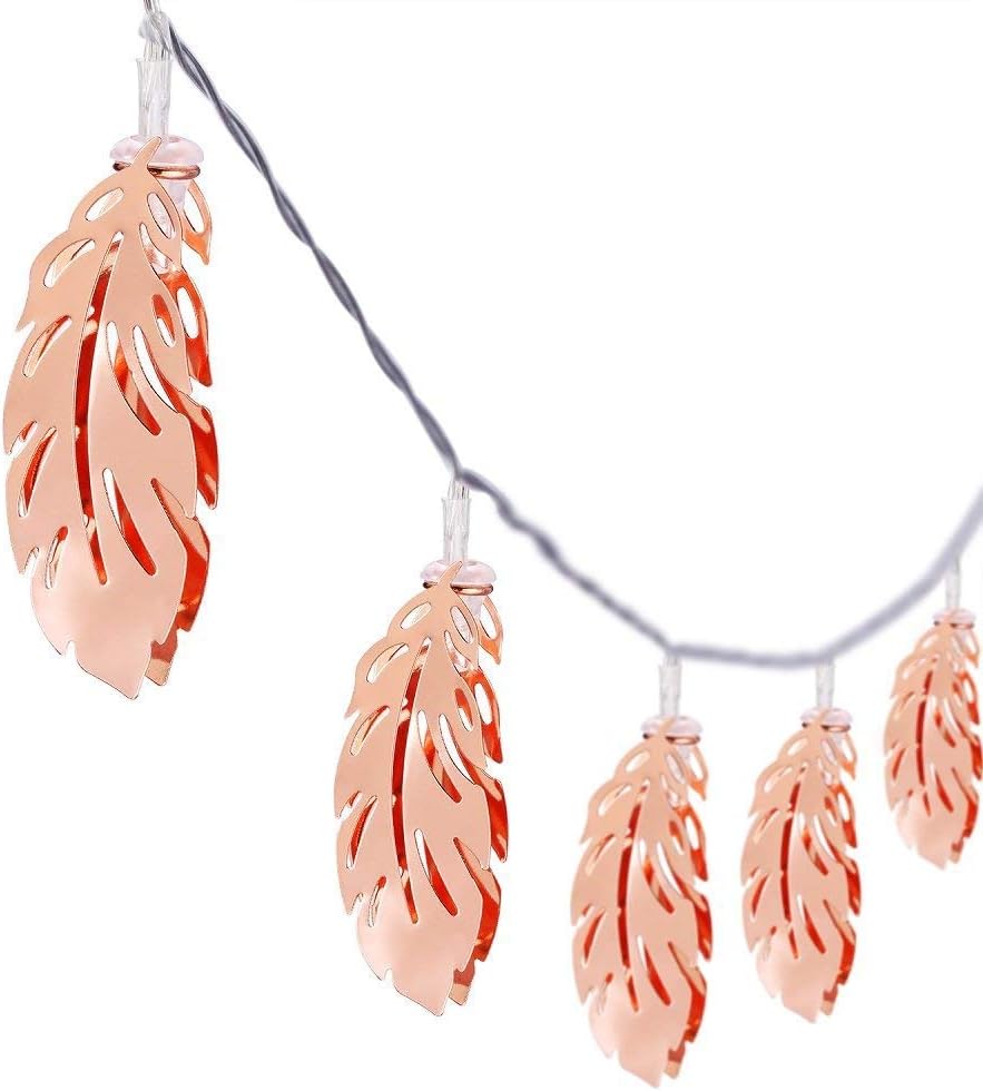 Rose Gold Feather Shaped Copper Metal LED String Lights Battery Powered Fairy String Lights for Indoor Bedroom Wedding Party Decor Warm White (1.5M 10LED)