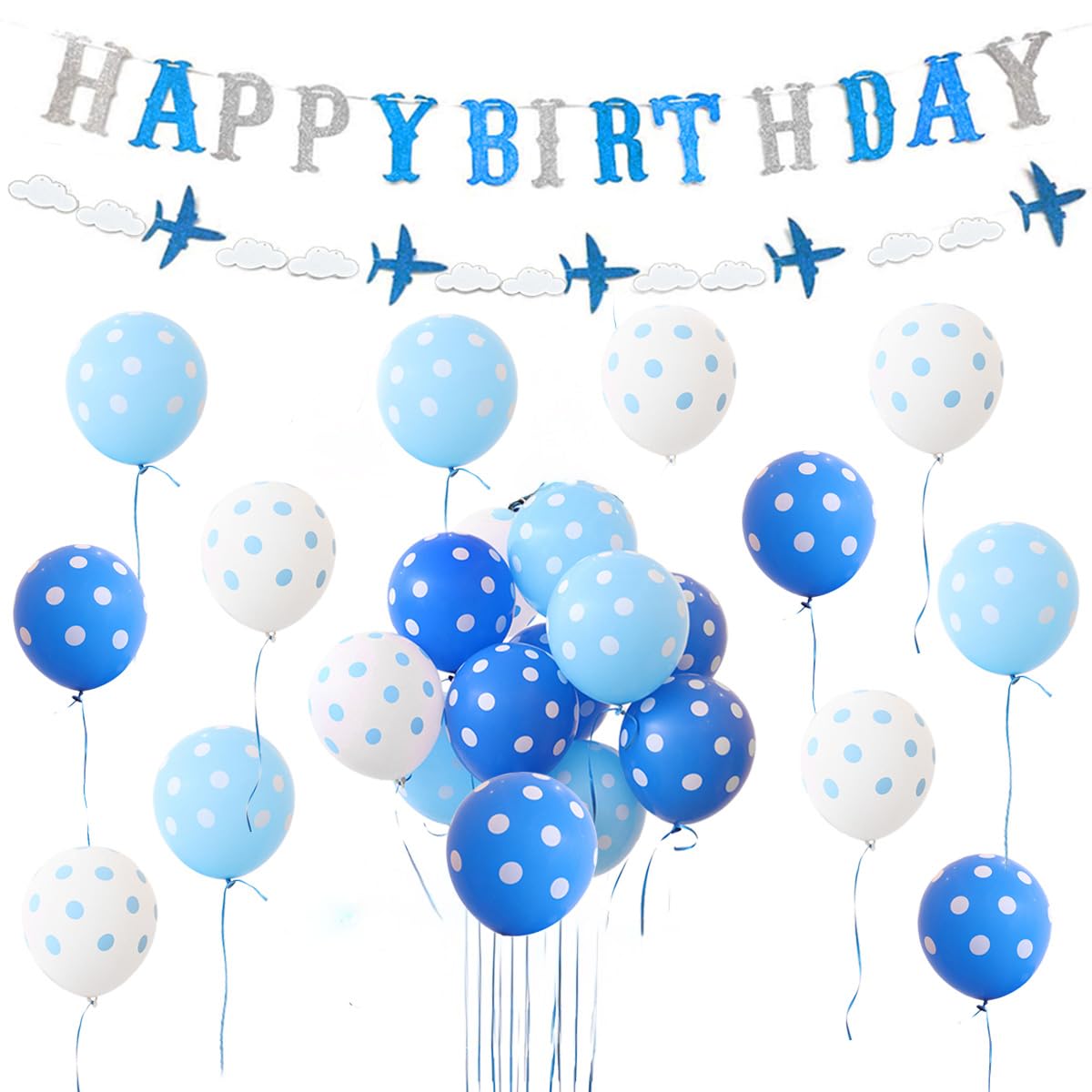 Kreatwow Airplane Birthday Decorations for Boys Blue Airplane Balloons Glitter Happy Birthday Banner Garland for Cloud Plane Theme Party Vintage Plane Baby Shower Decorations Supplies