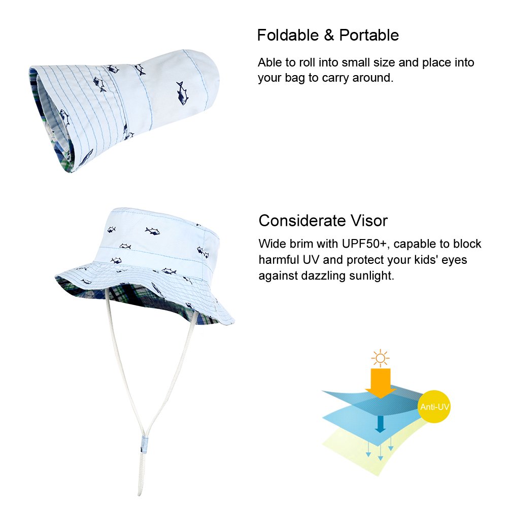 VBIGER Kids Cotton Bucket Hat Reversible Sun Hat Foldable Beach Cap With Adjustable Chin Strap,Aged 1-6