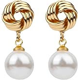 Love Knot Pearl Earrings, Gold Pearl Drop Earrings for Women Trendy Pearl Studs Statement Knot Pearl Dangle Earrings Jewelry Gift for Bridal Bridesmaid Wedding
