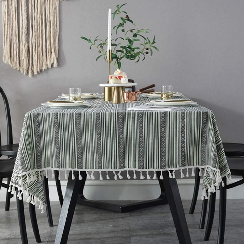 Toechmo Stitching Tassel Tablecloth Heavy Weight Cotton Linen Fabric Dust-Proof Table Cover Kitchen Dinning Tabletop Decoration(Square, 55 x 55 Inch,Green & Gray)