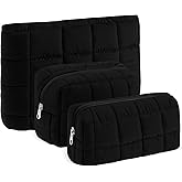 URSKYTOUS 3Pcs Quilted Makeup Bag for Women Puffy Cosmetic Bags Cute Checkered Travel Toiletry Bag Puffer Makeup Pouch for Purse Pencil Case Zipper Puffer Skincare Brushes Storage Organizer(Black)