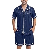 DEARCASE Men's Pajamas Set - Satin Silk Sleepwear, Short Sleeve Button Down 2 Piece Loungewear, Soft & Cooling Pjs for Men