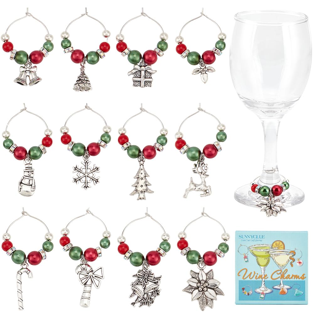 SUNNYCLUE 1 Box 12Pcs Christmas Glass Charms Wine Markers Charms Metal Alloy Winter Holiday Snowman Drink Charms Identifiers Tags Bulk for Stem Glasses Wine Tasting Gathering Gift Party Decor Supplies