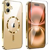 FATUOQIA Magnetic Glossy Case for iPhone 17,iPhone17 Phone Case Slim Clear Luxury with Screen Protector & Camera Protector [Compatible with MagSafe], Shockproof Cover for iPhone Case 17-Gold