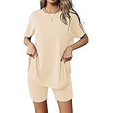 Ekouaer Women's 2 Piece Lounge Set 2026 Summer Biker Shorts Set Outfits Short Sleeve Oversized Top Matching Tracksuit