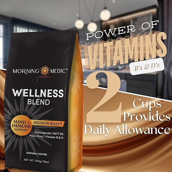 MORNING MEDIC WELLNESS COFFEE WITH ASHWAGANDHA, MCT OIL, MACA ROOT, VITAMIN B6, VITAMIN B12, VITAMIN D, AND CINNAMON, GROUND COFFEE MEDIUM ROAST, 12 OZ