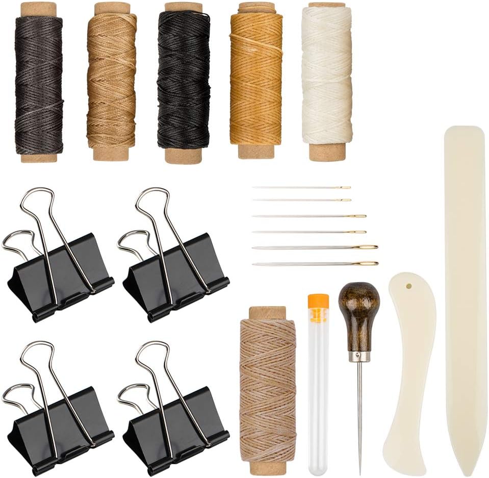 Set of 20 Bookbinding Tools, DaKuan Bone Folder Creaser Waxed Linen Thread Wood Handle Awl Large-Eye Needles Binder Clips for Handmade DIY Bookbinding Crafts and Sewing Supplies