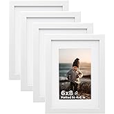 KINLINK 6x8 Picture Frame White Set of 4, Wooden Photo Frames Matted 4x6 with Plexiglass for 4x6 with Mat or 6x8 without Mat for Table and Wall Display