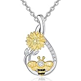 Zhi Kexin Bee Sunflower Pendant Necklace for Women 925 Sterling Silver 18K Gold Plated Bumble Bee Jewelry Gifts for Bees Lovers