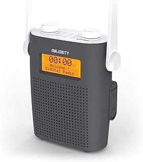 Majority Eversden Duschradio, IPX5 wasserdichtes, aufladbares, tragbares DAB/DAB + UKW-Radio, stoßfestes Material, Gummiband, Bluetooth, AUX-Ausgang, Kopfhöreranschluss, Doppelwecker, Dusch-Timer